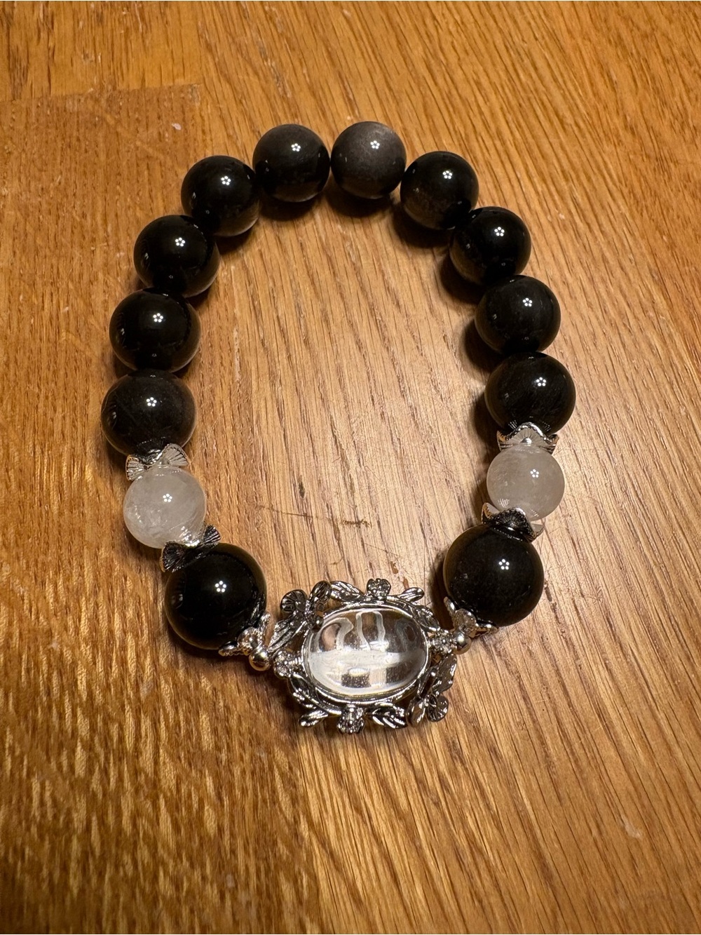 Black Bead Bracelet with Clear Accent and Silver Ornate Charm - Picture 1 of 2